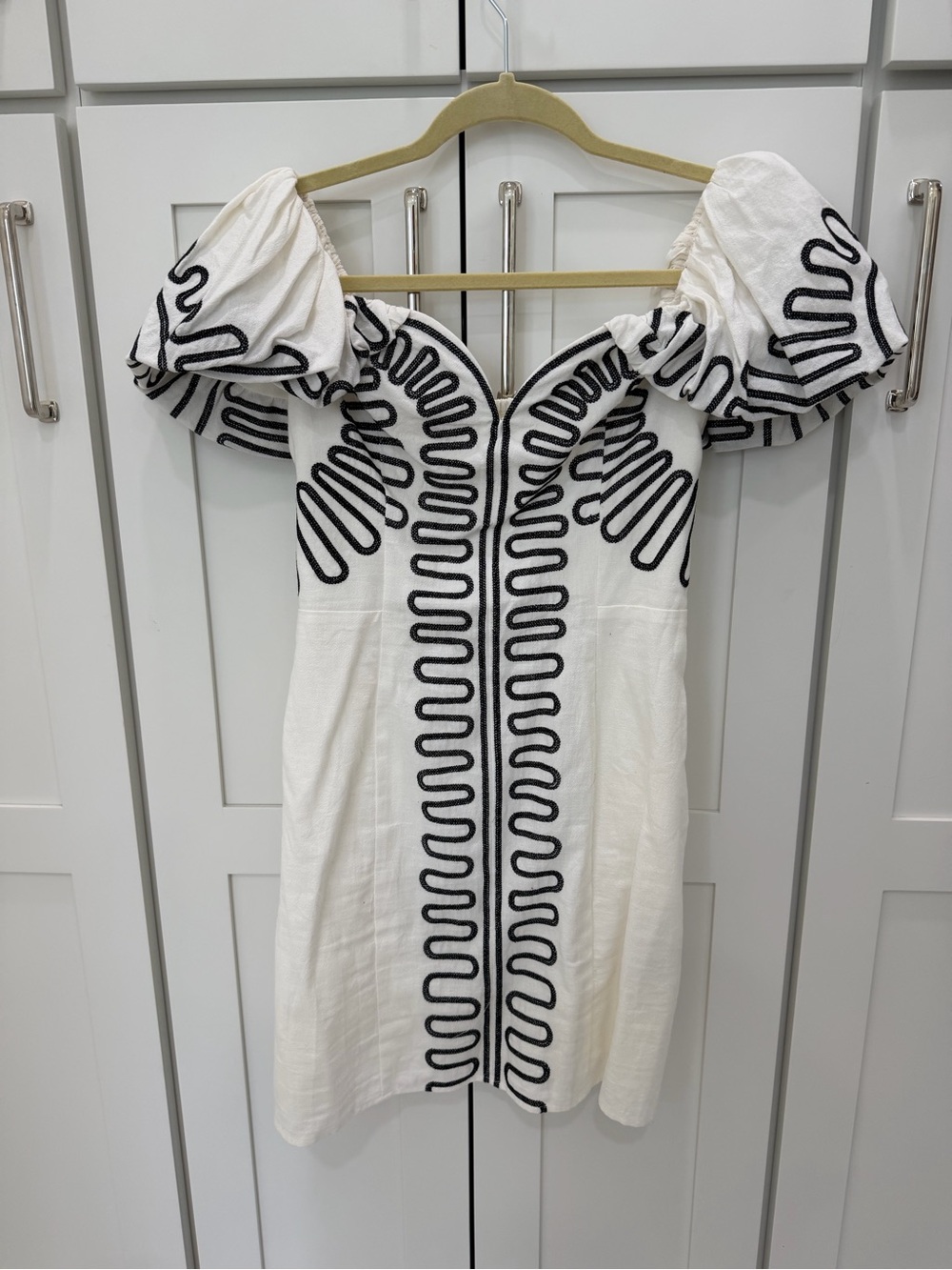 White Puff Sleeve Mini Dress with Black Embroidery